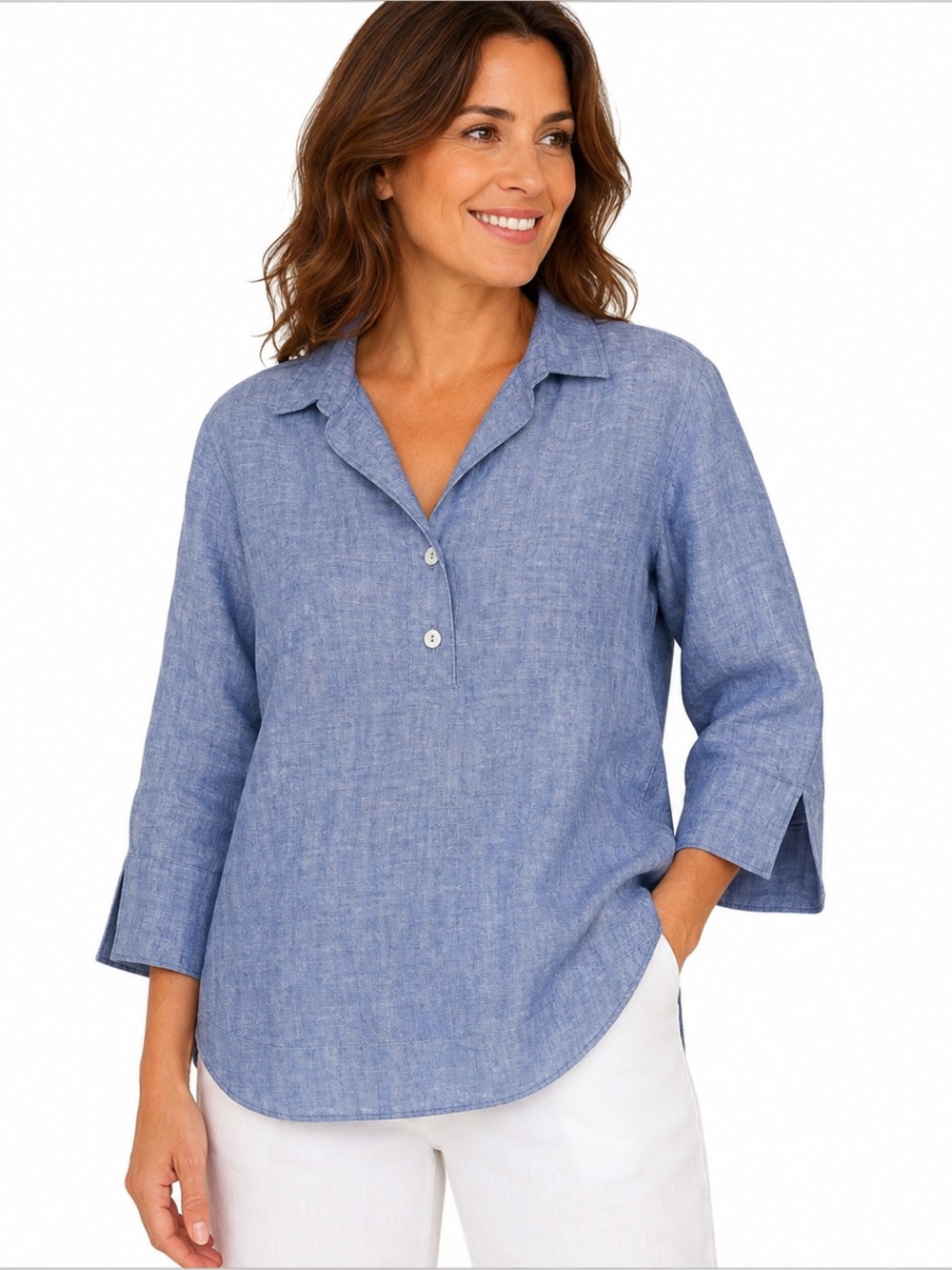 HINSON WU Blue Linen Blend Herringbone Button Back Tunic Blouse Size 14